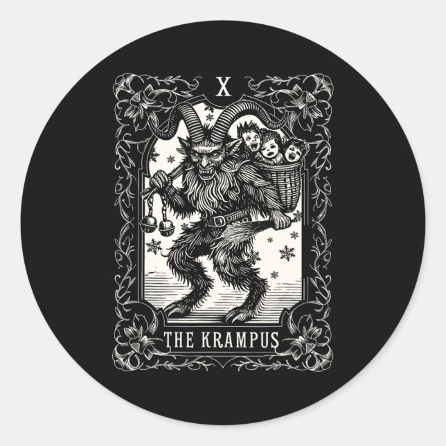 Pegatina Redonda Krampus Tarot Card Design Christmas Season Evil Pa (Anverso)