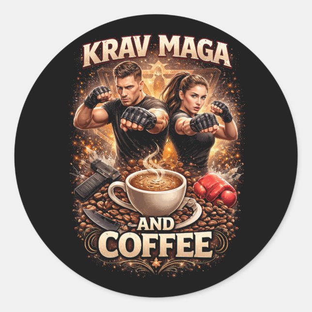Pegatina Redonda Krav Maga y Café (Anverso)