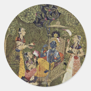 Pegatina Redonda Krishna Y Los Chicas De Indischer Maler Um 1710 (