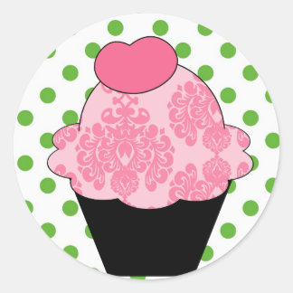 Pegatina Redonda KRW Fancy Cupcake rosa con puntos verdes