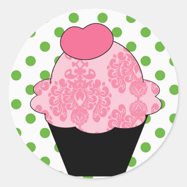 Pegatina Redonda KRW Fancy Cupcake rosa con puntos verdes (Anverso)