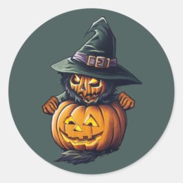 Pegatina Redonda Kürbishexe im Katzenkostüm - 
