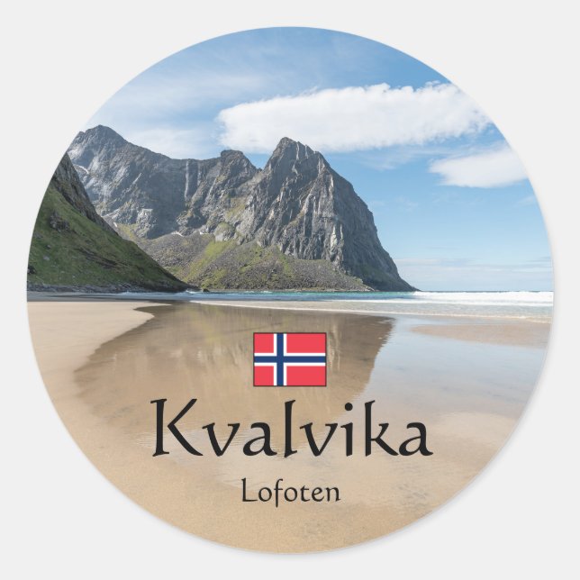 Pegatina Redonda Kvalvika Lofoten Noruega (Anverso)