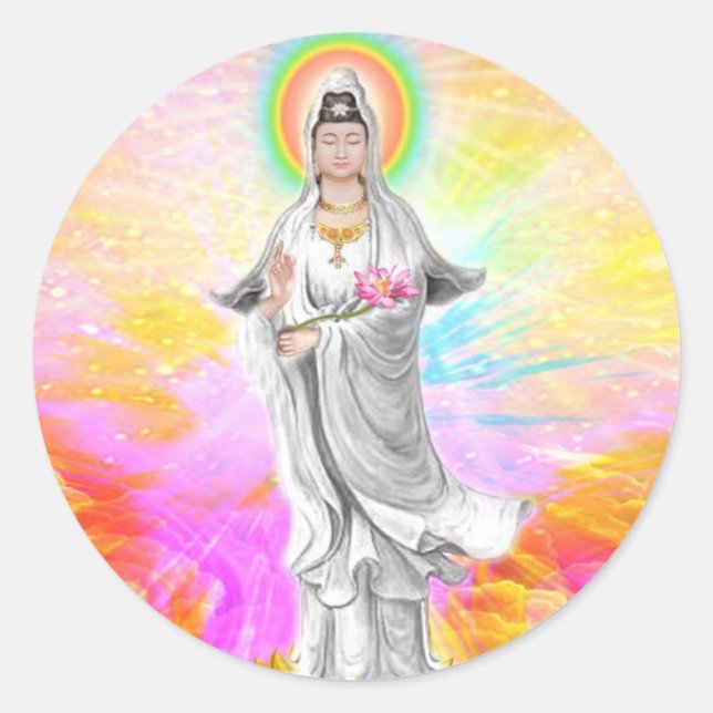 Pegatina Redonda Kwan Yin La diosa de la compasión con el rosa (Anverso)