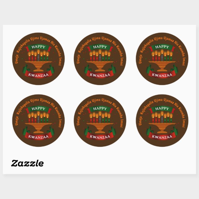 Pegatina Redonda Kwanzaa Candles Red Black Green 7 Principles (Hoja)