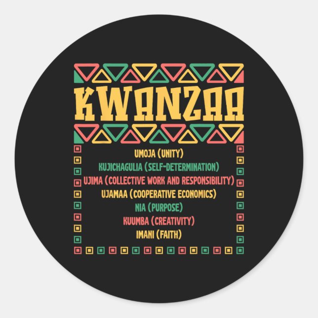 Pegatina Redonda Kwanzaa Siete Principios Gráfica de Fe de Umoja (Anverso)