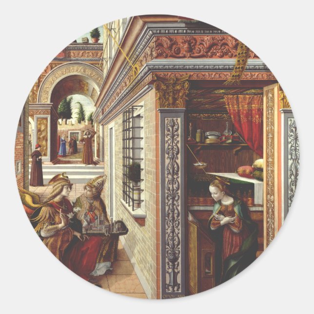 Pegatina Redonda La Anunciación, con San Emidio (Anverso)