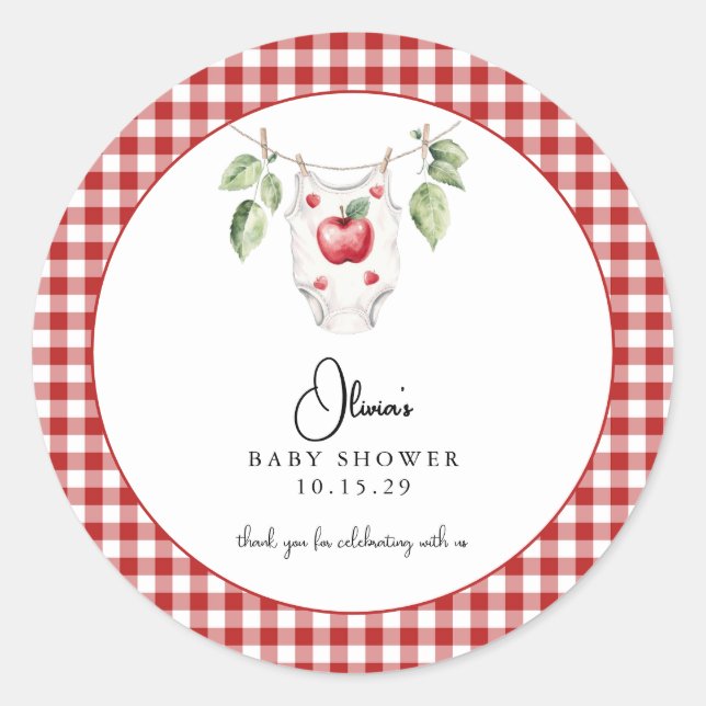 Pegatina Redonda La Apple de nuestro Eye Baby Shower Gracias (Anverso)