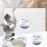 Pegatina Redonda La aventura comienza con el Boda Lavender Valley<br><div class="desc">The Adventure Begins, pegatinas de boda personalizadas, perfectas para un resort de boda de montaña o para una boda de destino en el paisaje natural. El diseño presenta una tipografía moderna y un paisaje acuático idílico. La escena de la cresta montañosa de ensueño representa montañas, colinas verdes y un tranquilo...</div>