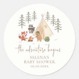 Pegatina Redonda La aventura comienza en Woodland Baby Shower