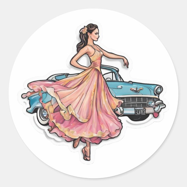 Pegatina Redonda la bailarina y su coche (Anverso)