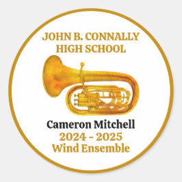Pegatina Redonda La banda de oro de la escuela secundaria de Tuba p