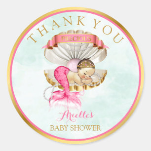 Pegatina Redonda La bebé sirena Clam Shell Tiara Pearls Oro Rosa