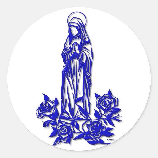 Pegatina Redonda La bendita Virgen María (con rosas azules) (Anverso)