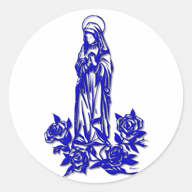 Pegatina Redonda La bendita Virgen María (con rosas azules) (Anverso)