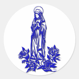 Pegatina Redonda La bendita Virgen María (con rosas azules)