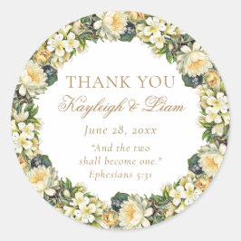 Pegatina Redonda La Biblia Blanca Floral Verse el Favor de la Boda