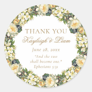 Pegatina Redonda La Biblia Blanca Floral Verse el Favor de la Boda 