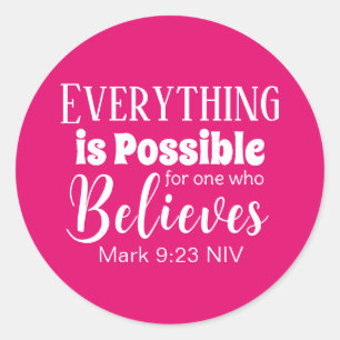 Pegatina Redonda La Biblia Cristiana Verse Cree En El Rosa Caliente