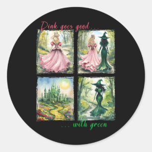Pegatina Redonda La Bruja Rosa Se Va Bien Con La Bruja Verde De Hal