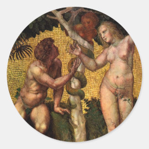 Pegatina Redonda La Caída - Adán y Eva por Rafael Sanzio