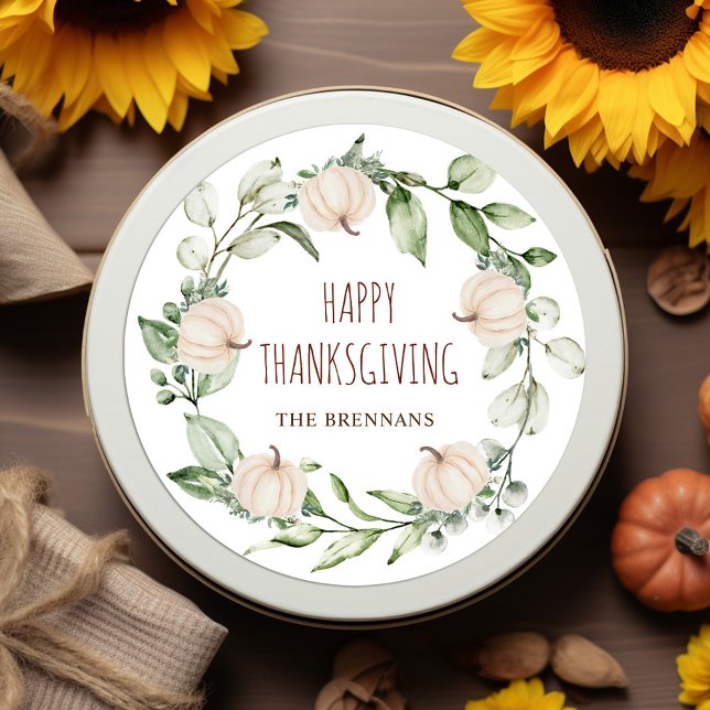 Pegatina Redonda La Calabaza de Acción de Gracias Cae Eucalyptus Mo (Thanksgiving Pumpkin Fall Modern Eucalyptus Classic Round Sticker)