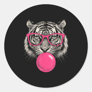Pegatina Redonda La cara del tigre Sungueras rosadas Selva animal s