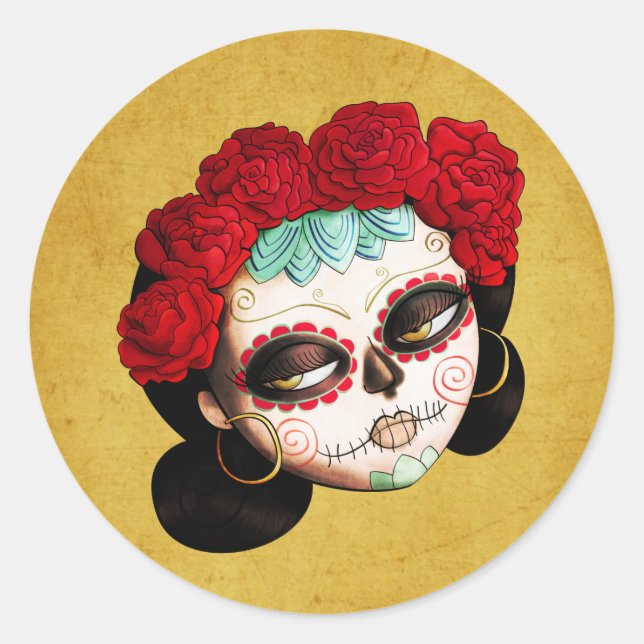 Pegatina Redonda La Catrina - Chica del Día de los Muertos (Anverso)
