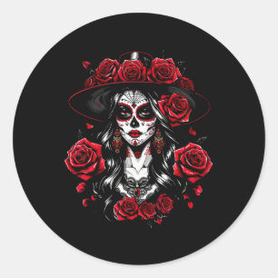 Pegatina Redonda La Catrina Mujeres Dia De Los Muertos Latina Cinco