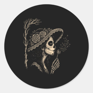 Pegatina Redonda La Catrina Soplando Deseos Diente de León Vintage
