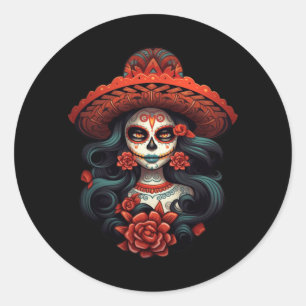Pegatina Redonda La Catrina Sugar Skull Día De Agencia Gubernamenta