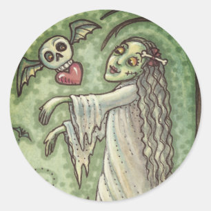 PEGATINA REDONDA LA CHICA DE AMOR ENFERMA ZOMBIE SIGUIENDO SU CORAZ