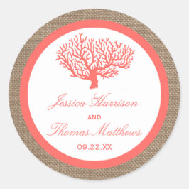 Pegatina Redonda La Colección De Bodas De Coral En Burlap Boho Beac