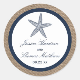 Pegatina Redonda La colección de bodas Starfish Burlap Beach de la 
