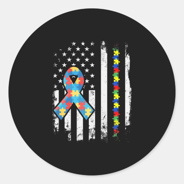 Pegatina Redonda La conciencia del autismo rompe la bandera estadou (Anverso)