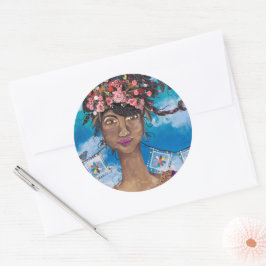 Pegatina Redonda La corona de flores de la Latina de belleza afrocu