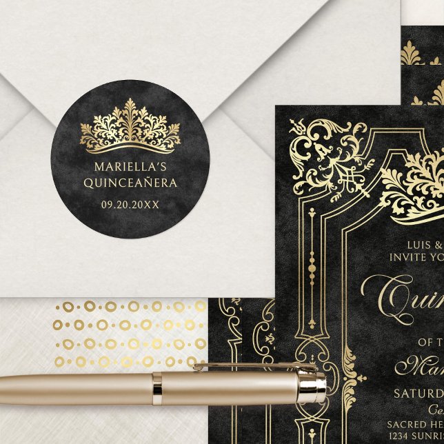 Pegatina Redonda La Corona de Tiara Negra Elegante Quinceanera (Subido por el creador)