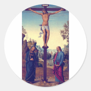 Pegatina Redonda La Crucifixión con la Virgen de Pietro Perugino