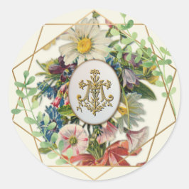 Pegatina Redonda La Cruz Maria Religiosa Vintage Floral Católica