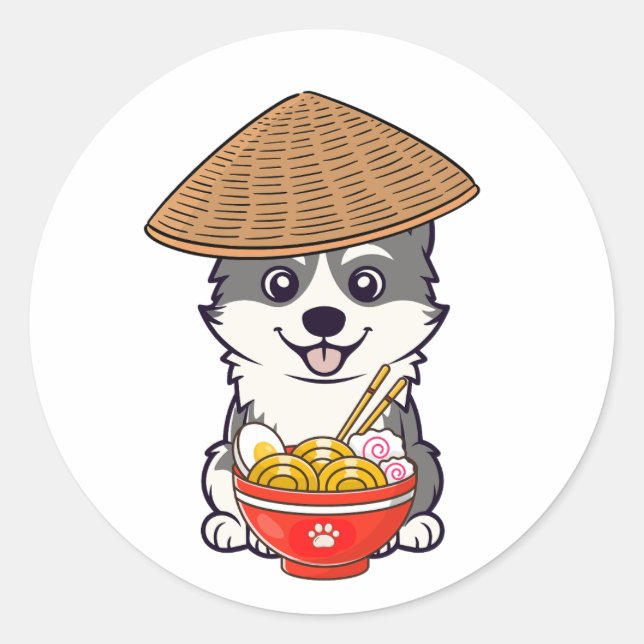 Pegatina Redonda La curiosa husky come fideos (Anverso)