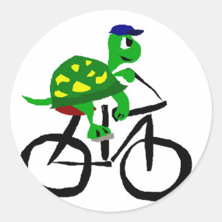 Pegatina Redonda La divertida bicicleta de equitación de tortugas