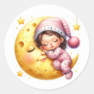 Pegatina Redonda La ducha de bebé de la chica durmiendo con la luna