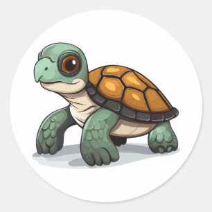 Pegatina Redonda La dulce y adorable tortuga bebé en colores neutro