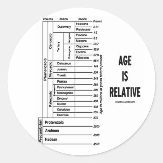 Pegatina Redonda La edad es relativa (Humor de tiempo geológico)