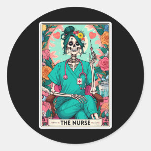 Pegatina Redonda La enfermera Tarot Card Funny Skeleton Nurse Witch