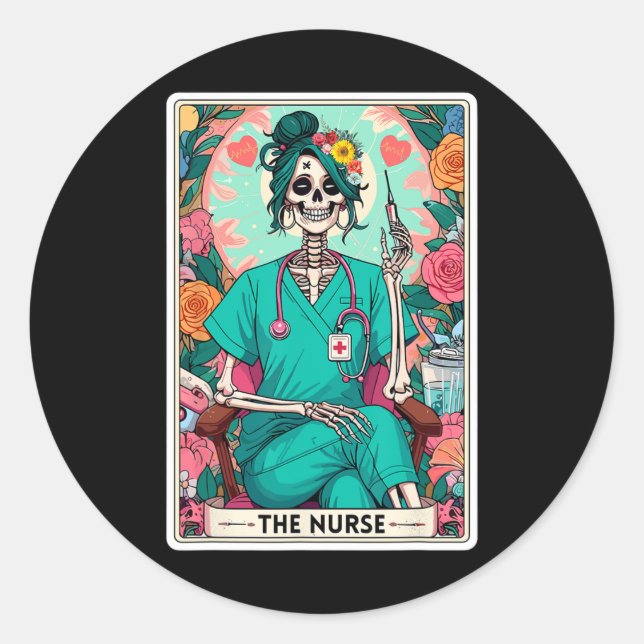 Pegatina Redonda La enfermera Tarot Card Funny Skeleton Nurse Witch (Anverso)
