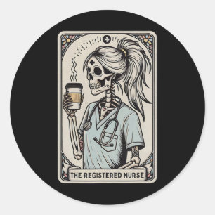 Pegatina Redonda La enfermera Tarot Card Skeleton Happy Hal