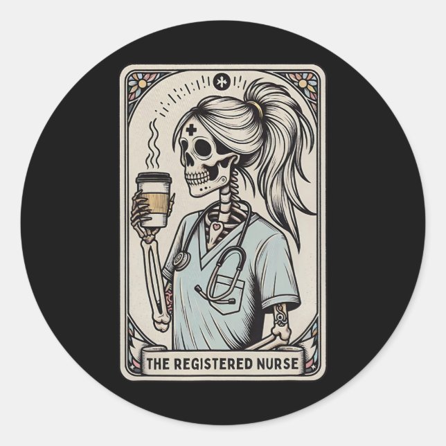Pegatina Redonda La enfermera Tarot Card Skeleton Happy Hal (Anverso)