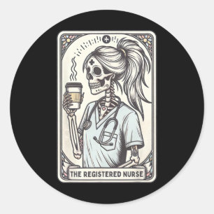 Pegatina Redonda La enfermera Tarot Card Skeleton Rn Nursin