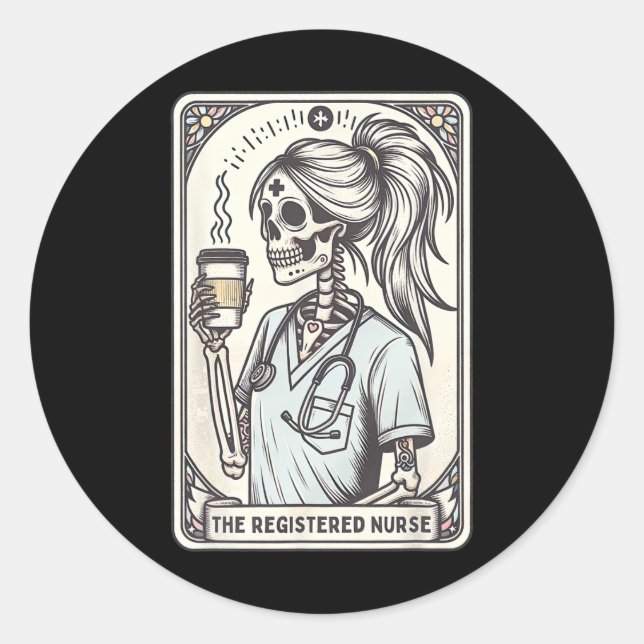 Pegatina Redonda La enfermera Tarot Card Skeleton Rn Nursin (Anverso)